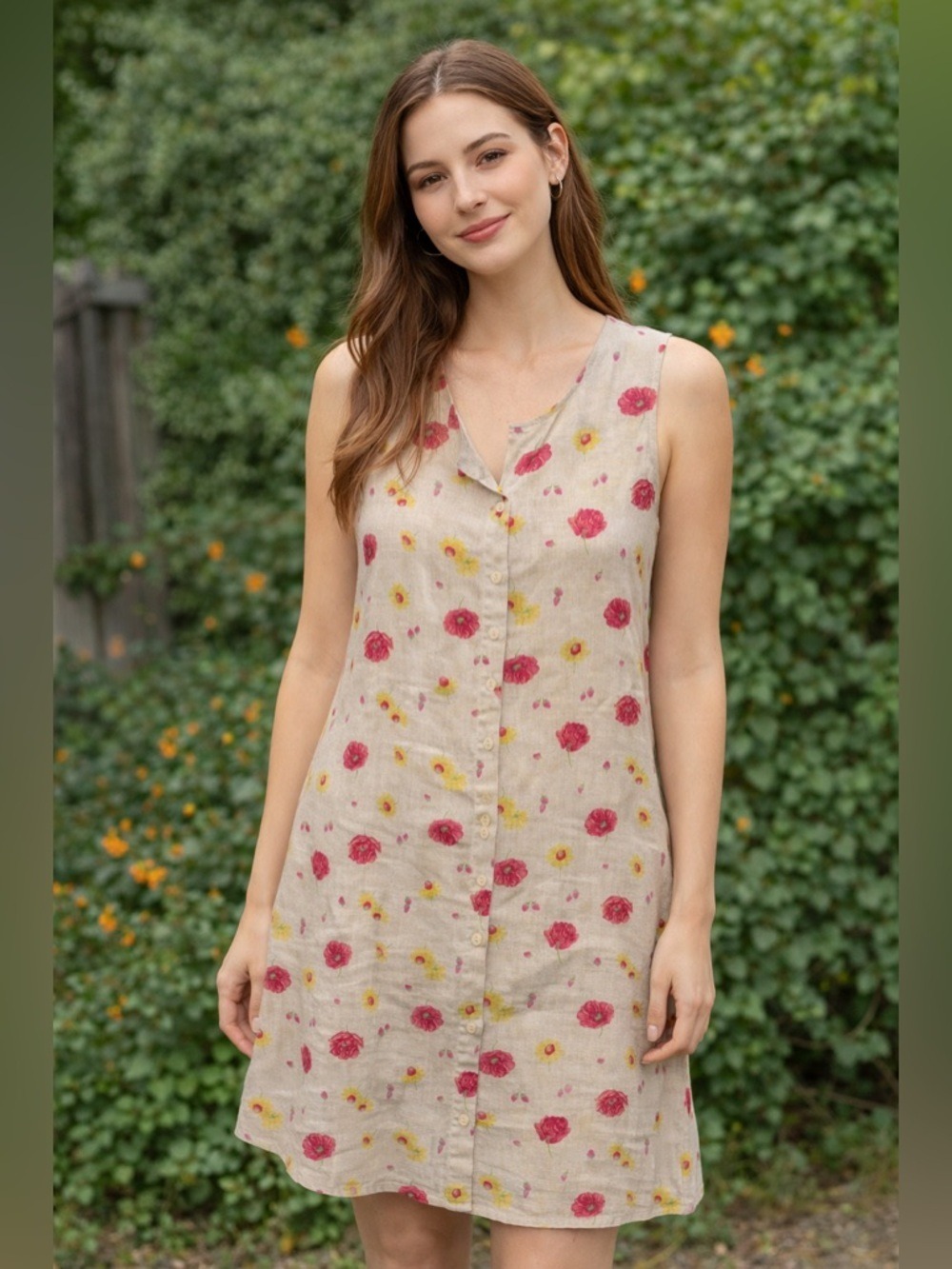 Vintage Linen Blend Floral Sleeveless Dress Medium
